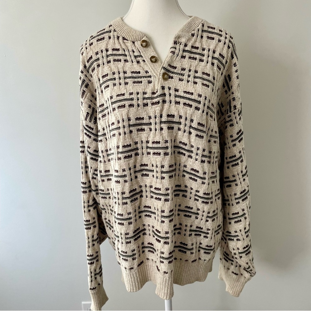 Vintage Cable Knit Neutral Henley Sweater Size Large Fisherman Grandpacore